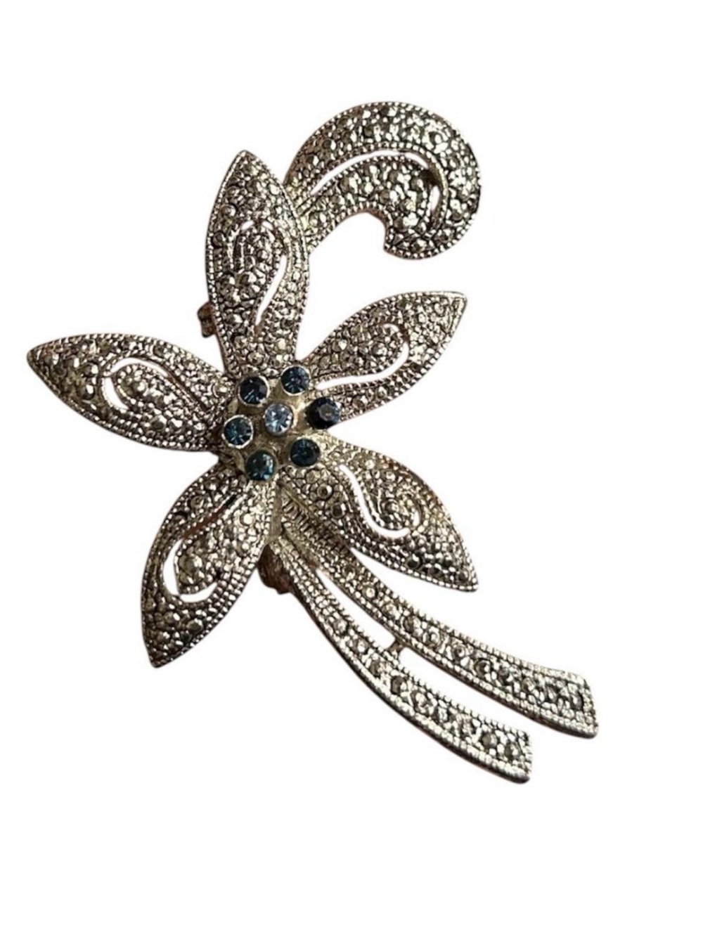 Vintage Silver Tone Marcasite Floral Brooch With Blue Rhinestones